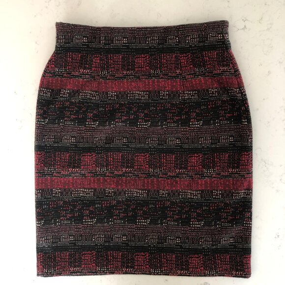 Vintage Art Deco Pull-On Midi Knit Pencil Skirt Geometric Red + Black Sz OS - Picture 4 of 6